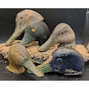 6 Vintage Wooden Duck Decoy Heads Painted 3 With Glass Eyes~ New England